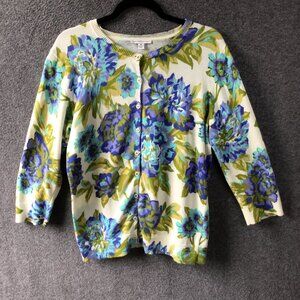 Isaac Mizrahi Cream Cardigan with Blue and Green Floral Print